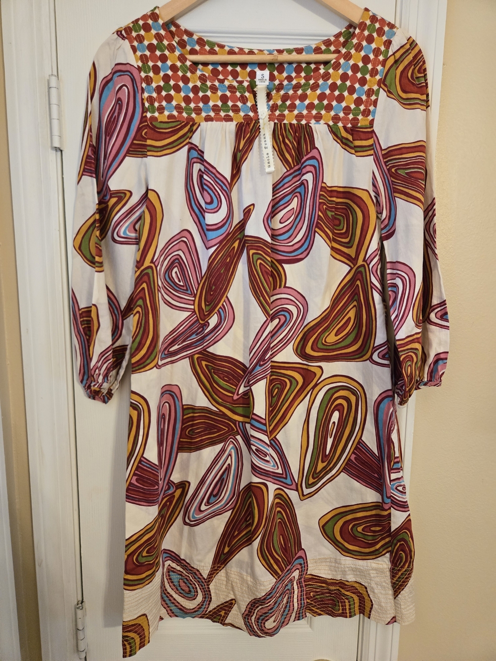 Uncle Frank Boho Abstract Print Cream And Red Cotton Dress Size Small